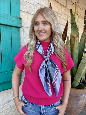 Women’s pink short sleeve sweater top with soft knit fabric and flattering ribbed hem, lightweight and versatile fit - SG8414P. Available at Blair's Western Wear, Marble Falls, TX.