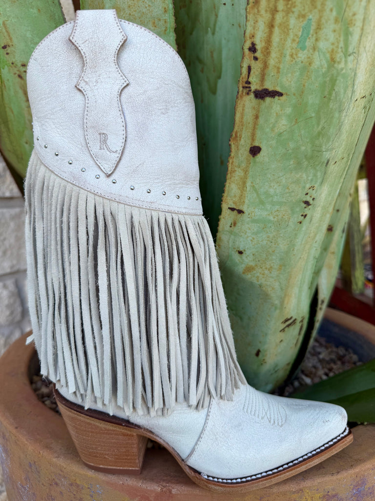 Women’s Reba Western Fringe Leather Boot in white, full-length leather fringe for eye-catching movement, with a snip toe silhouette for a sleek western look – RML223. Available at Blair's Western Wear, Marble Falls, TX.