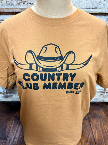 Women's Rodeo Hippie short sleeve t-shirt Country Club in toffee, soft lightweight cotton blend for all-day comfort, with distressed Western cowboy hat graphic and classic crew neckline – CLUB MEMBER. Available at Blair's Western Wear, Marble Falls, TX.