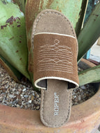 Women's tan suede slip-on slide boot with a cushioned footbed and low-profile outsole — Blair's Western Wear Marble Falls TX
