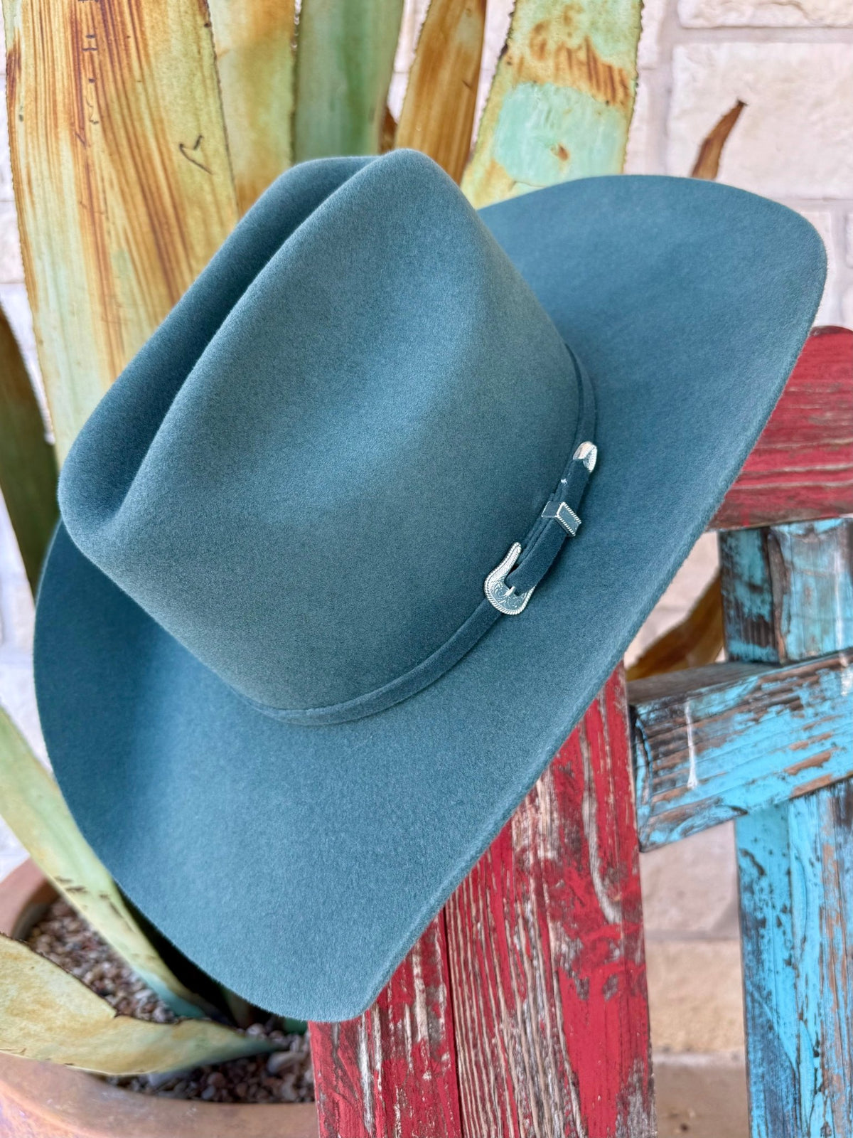 Sage Leaf green 4X wool-angora felt cowgirl hat with a creased cattleman crown, curved brim and matching band with a silver-tone buckle — Blair's Western Wear Marble Falls TX