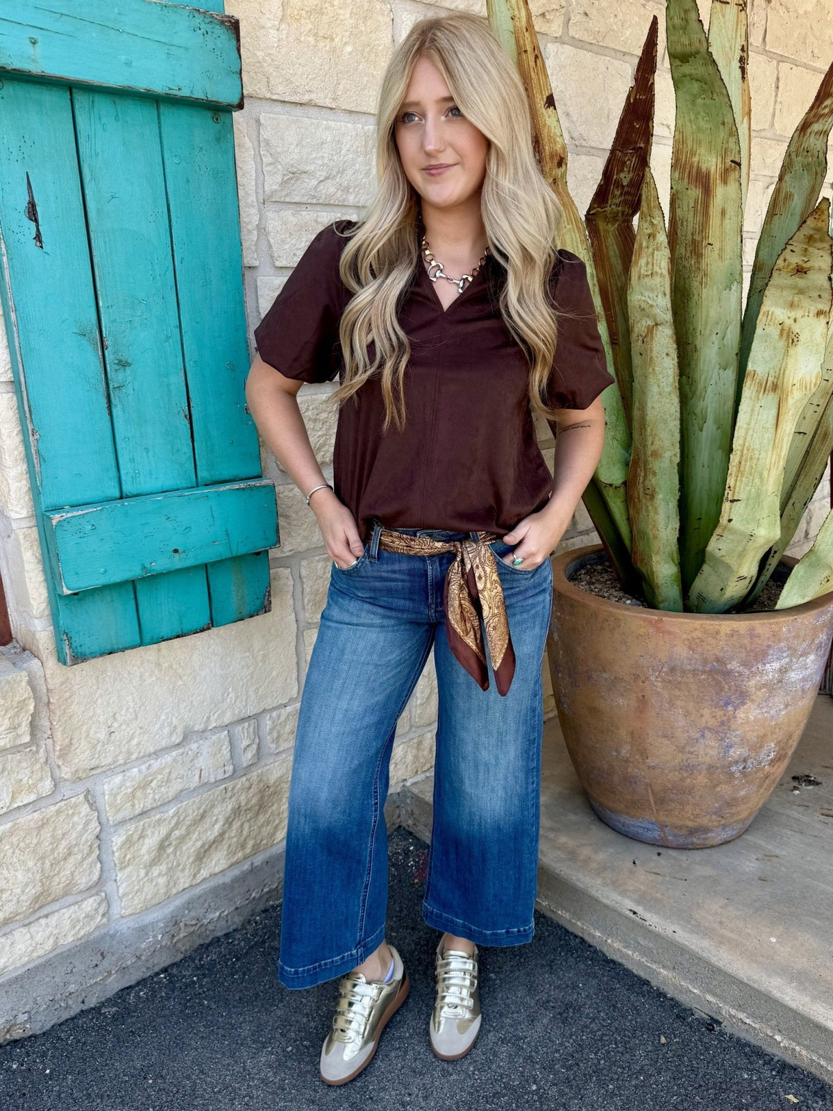 Women's chocolate brown short-sleeve V-neck suede pullover top with puff tulip sleeves and relaxed fit — Blair's Western Wear Marble Falls TX