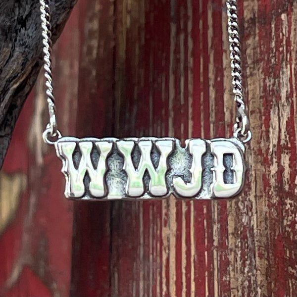 Women's Silver N' Accessories Necklace Silver WWJD Necklace in Silver, bold WWJD lettering in western-style font, with secure lobster clasp and durable chain - SNWWJDNK. Available at Blair's Western Wear, Marble Falls, TX.
