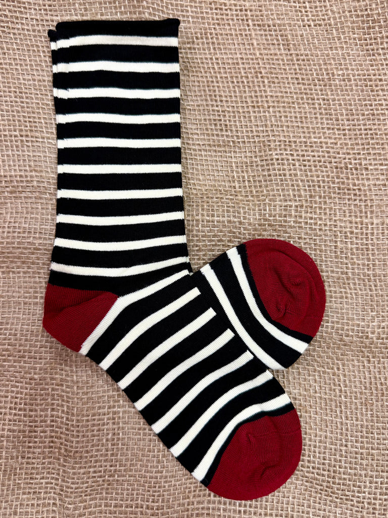 Women’s Socksmith Bamboo Sailor Stripe Roll Top Socks in black and white with red heel and toe, seamless toe for comfort, with breathable bamboo blend softness - WBC2174. Available at Blair's Western Wear, Marble Falls, TX.
