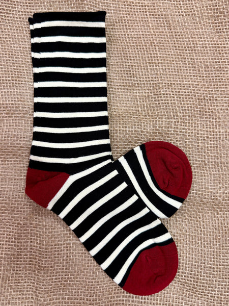 Women’s Socksmith Bamboo Sailor Stripe Roll Top Socks in black and white with red heel and toe, seamless toe for comfort, with breathable bamboo blend softness - WBC2174. Available at Blair's Western Wear, Marble Falls, TX.