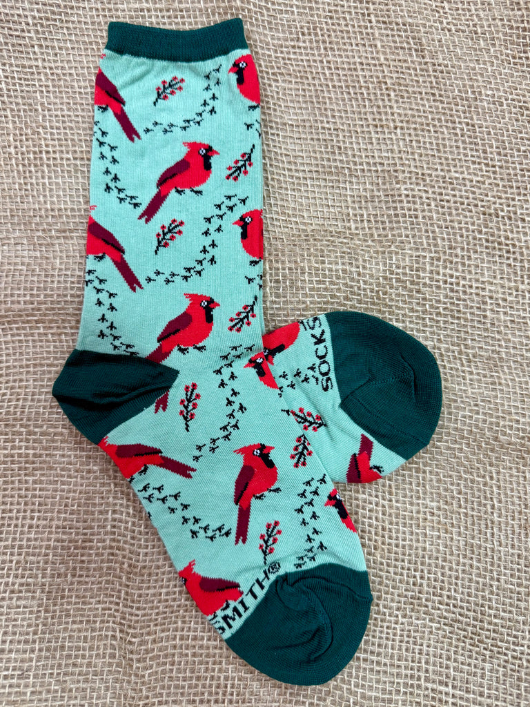 Women’s Socksmith Cardinal Tracks mint crew socks with red cardinal bird design, reinforced heel and toe for durability, and soft cotton blend for breathable comfort - WNC3415. Available at Blair's Western Wear, Marble Falls, TX.