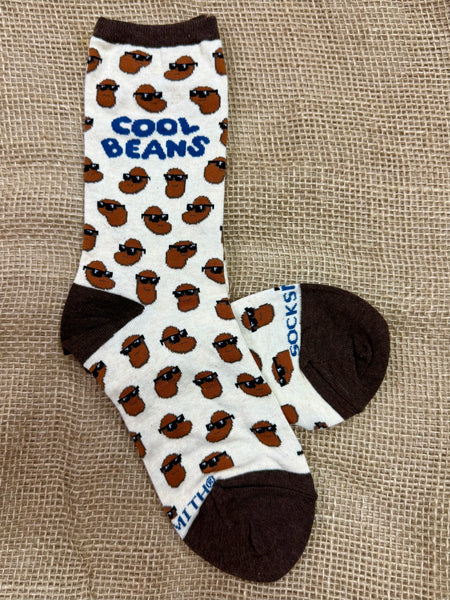 Women’s Socksmith Novelty Ivory Heather Cool Beans Socks in ivory heather, with playful bean characters wearing sunglasses, and a breathable cotton-blend stretch for all-day comfort - WNC1870. Available at Blair's Western Wear, Marble Falls, TX.