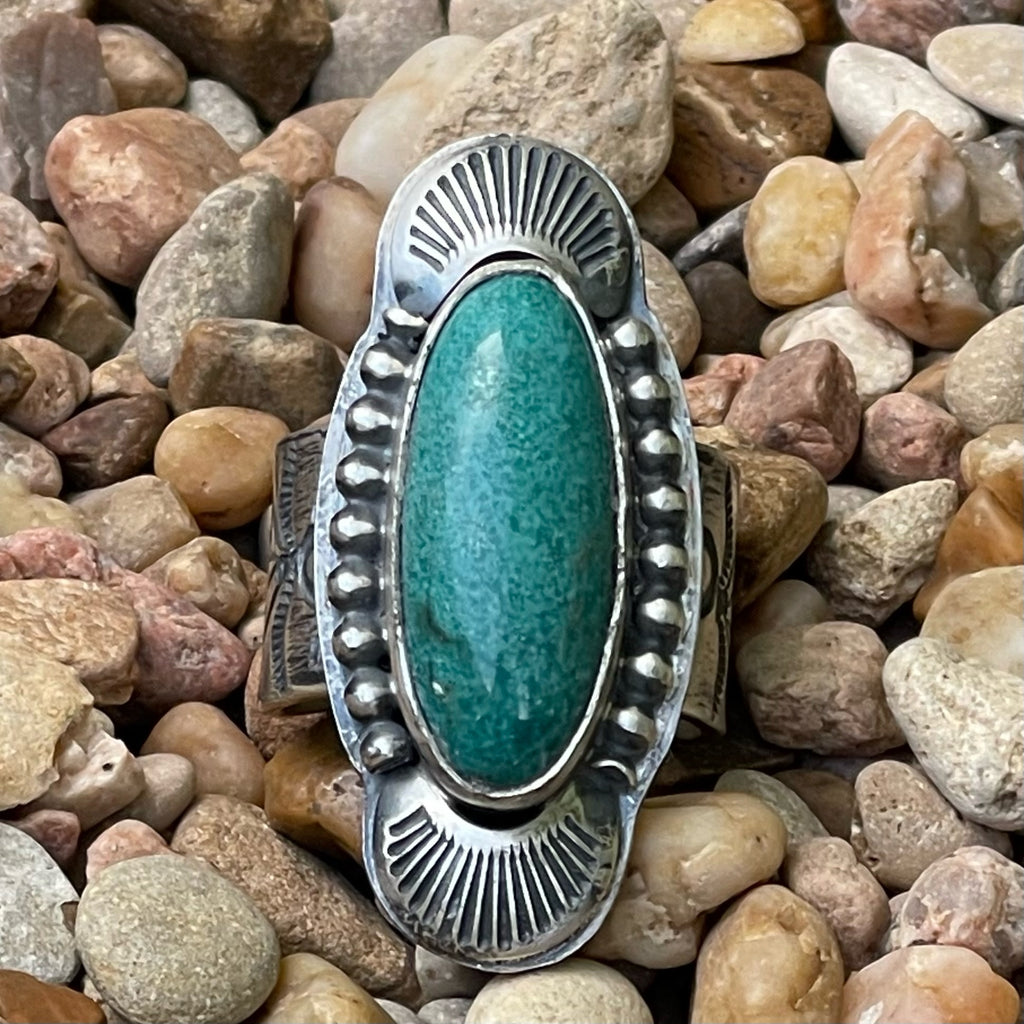 Women’s Starrnbird Silver Oval Turquoise Shell Ring in Silver/Turquoise, set with a genuine turquoise stone, with a beaded border and stamped artisan band - STARRNBIRD. Available at Blair's Western Wear, Marble Falls, TX.