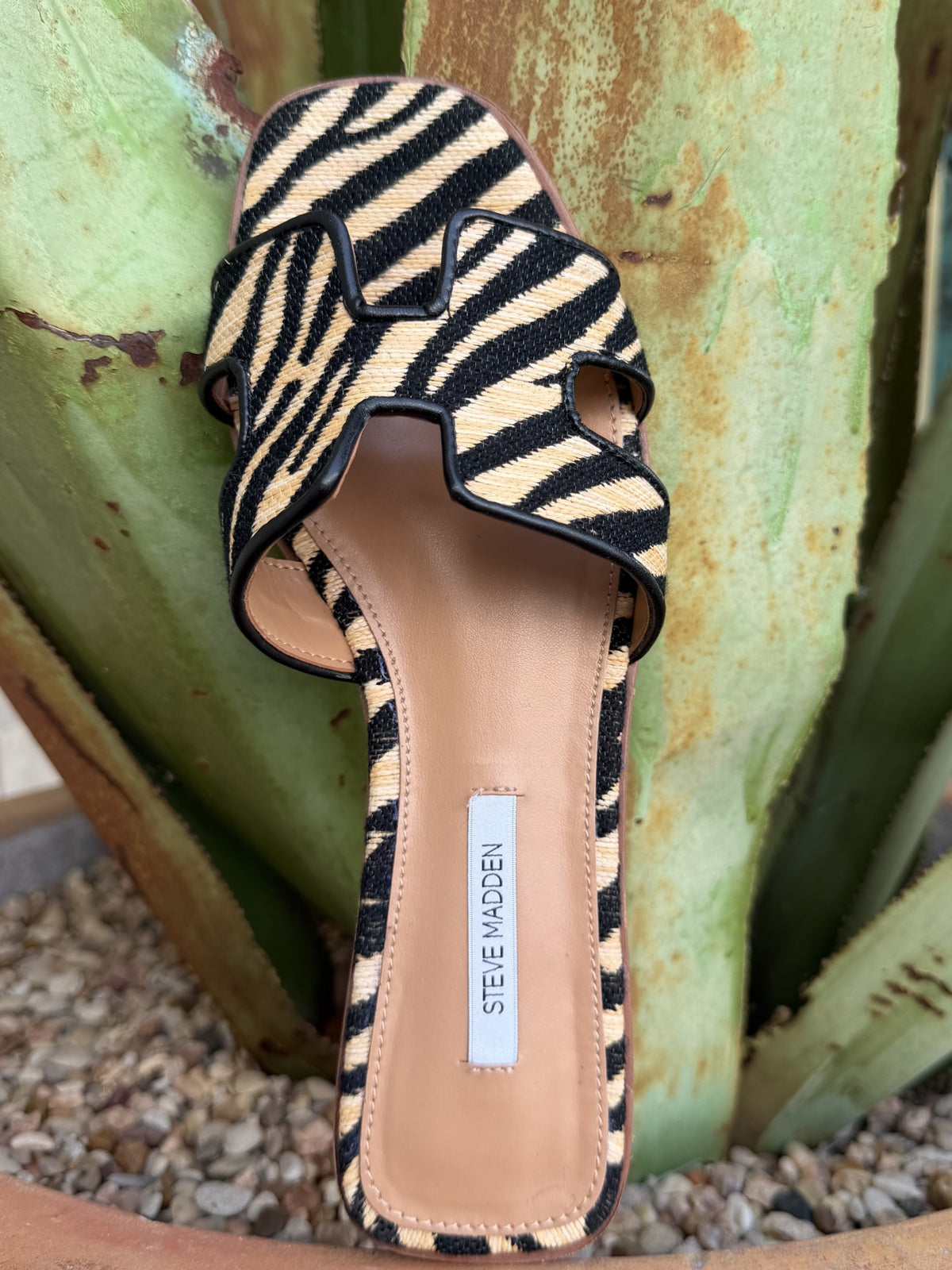 Women's brown-and-natural zebra-print slide sandal with a cushioned footbed — Blair's Western Wear Marble Falls TX