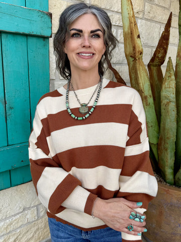 Women’s stripe sweater knit pullover in cream and brown, soft ribbed fabric with relaxed drop shoulder fit - sdw6362. Available at Blair's Western Wear, Marble Falls, TX.