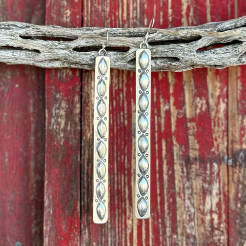 Women’s Sunwest Silver Long Rectangle Earrings in Silver, handcrafted from solid sterling silver for lasting quality, with Navajo-inspired stamped detailing for authentic Southwestern character - SUNERREC. Available at Blair's Western Wear, Marble Falls, TX.