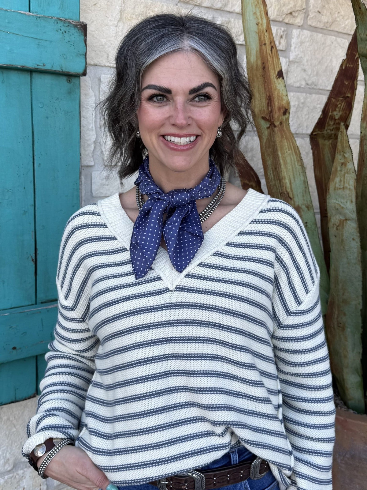 Women’s sweater striped knit pullover in cream and blue, lightweight relaxed fit with V-neckline - WL2512372. Available at Blair's Western Wear, Marble Falls, TX.