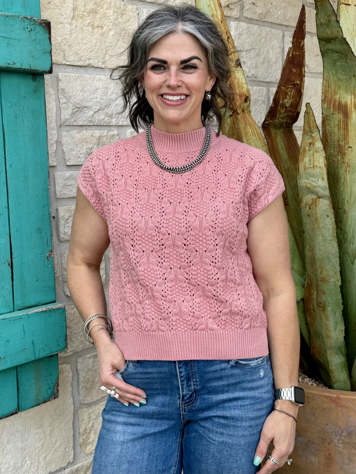 Women’s Wishlist sweater knit mock neck top in dusty rose pink, textured cable knit pattern with cap sleeves - SH12722. Available at Blair's Western Wear, Marble Falls, TX.