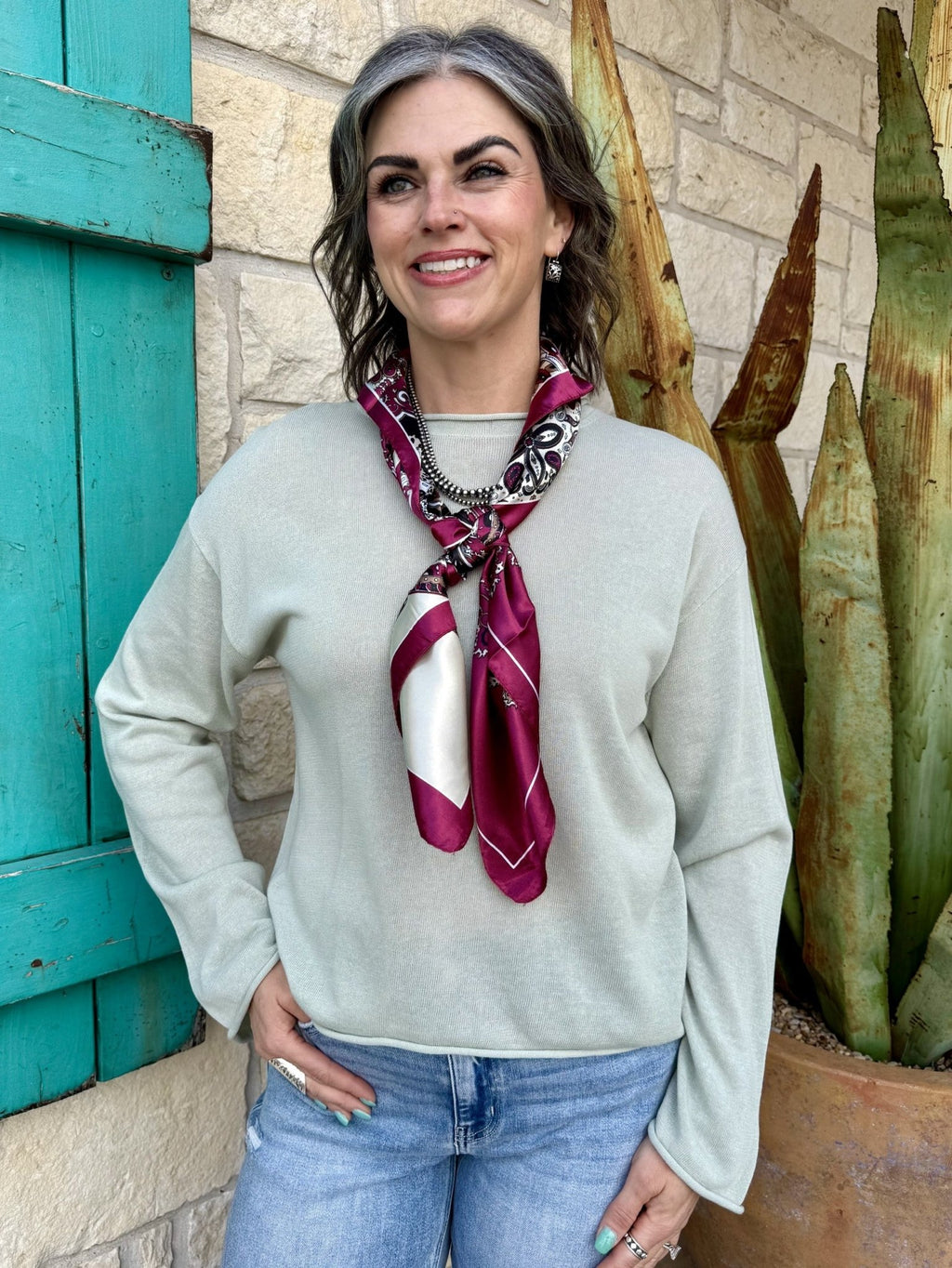 Women’s sage knit pullover sweater top in sage green, relaxed fit with soft lightweight knit fabric - WL2512104. Available at Blair's Western Wear, Marble Falls, TX.