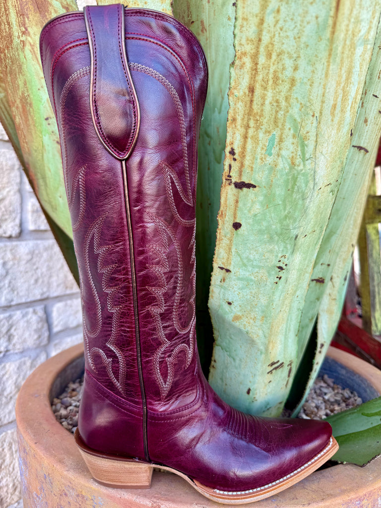 Women’s Tony Lama Western tall boot in burgundy, smooth leather construction that molds comfortably to the foot, with classic stitched shaft detailing for timeless Western style – DR4253. Available at Blair's Western Wear, Marble Falls, TX.