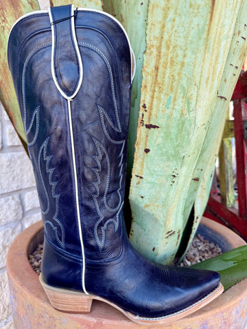 Women’s Tony Lama Western Tall Leather Boot in navy, crafted from smooth leather for long-lasting comfort, with a tall stitched shaft and snip toe design – DR4254. Available at Blair's Western Wear, Marble Falls, TX.