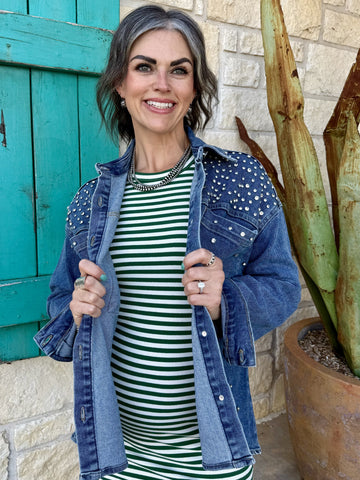 Women’s Vervet denim shacket studded denim jacket in blue, rhinestone embellished shoulders with classic button front styling - VJ72260. Available at Blair's Western Wear, Marble Falls, TX.