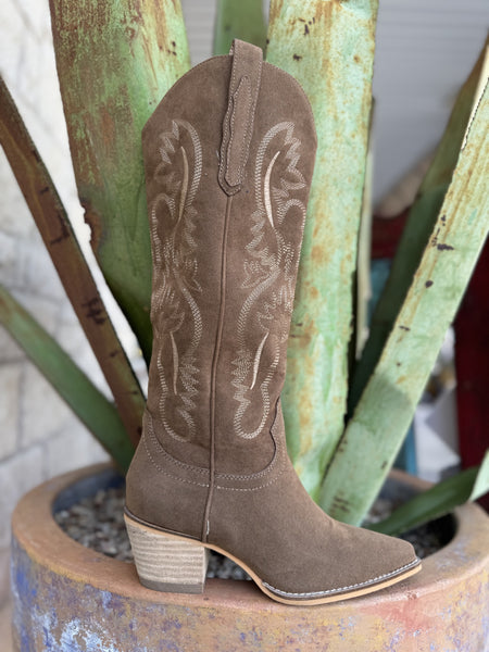Women's Western Suede knee-High Boot in tan, featuring a snipped toe design with a delicate stitch pattern on the shaft - HANAN. Available at Blair's Western Wear, Marble Falls, TX.

