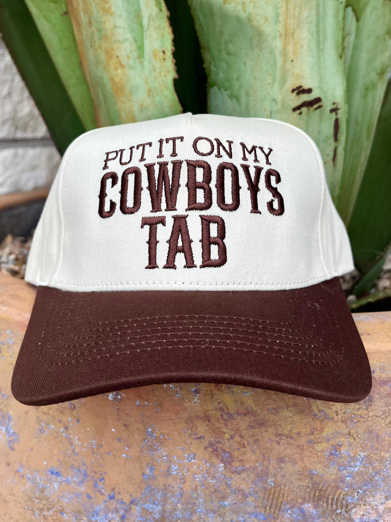 Women's Western Wear Summer Cap in brown and white, embroidered with "Put it on my Cowboys Tab," adjustable for a perfect fit - COWBOYS TAB. Available at Blair's Western Wear, Marble Falls, TX.