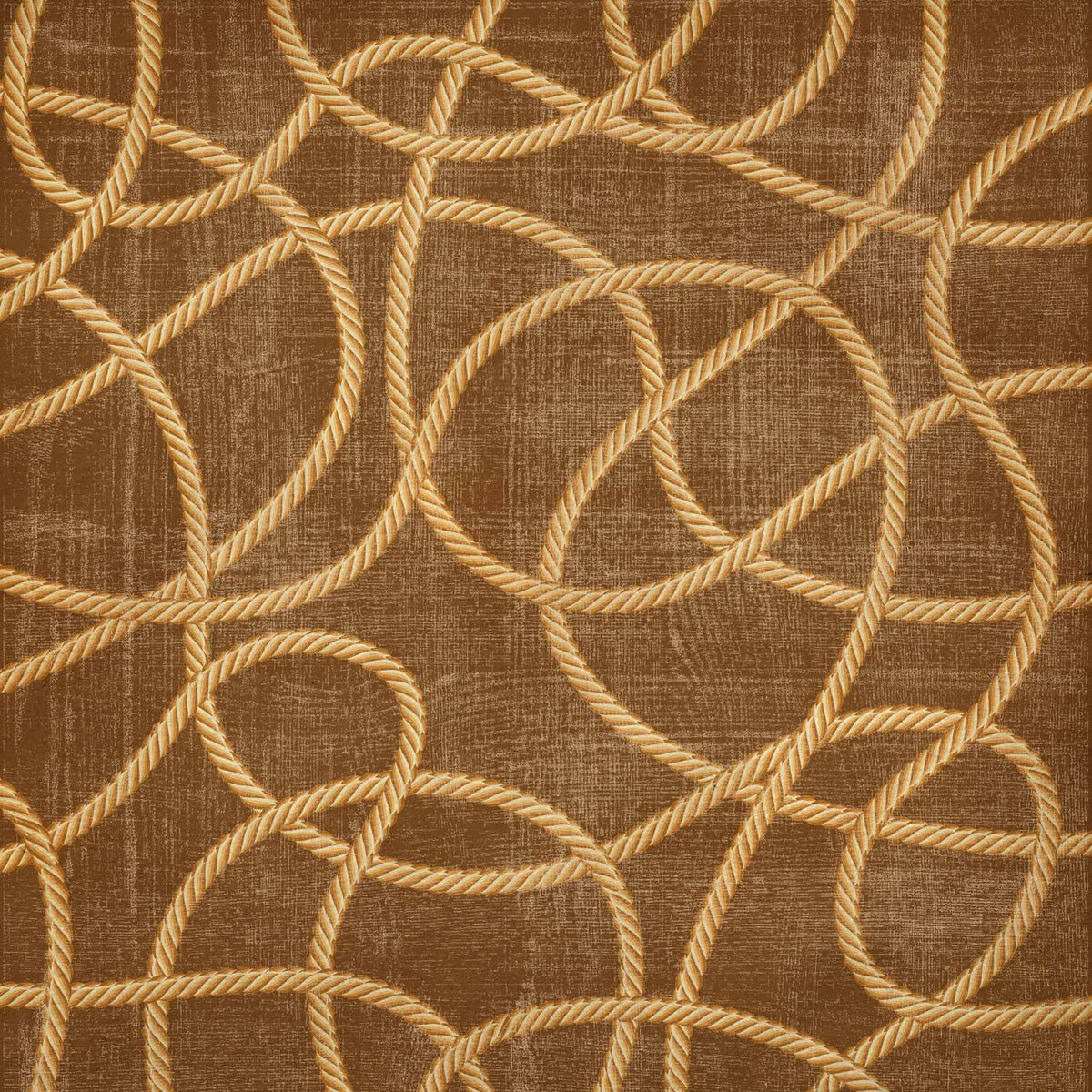A close-up of a woven fabric or wallpaper pattern featuring interlocking rope-like loops in a warm tan/beige over a textured medium brown background.