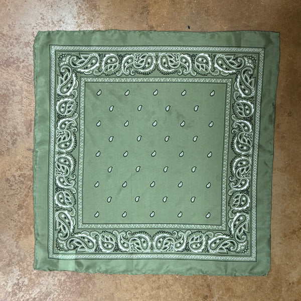 Wyoming Traders wildrag bandana in sage green silk, featuring a paisley print border, soft lightweight fabric, and a hand-rolled hem – SBSA. Available at Blair’s Western Wear, Marble Falls, TX.