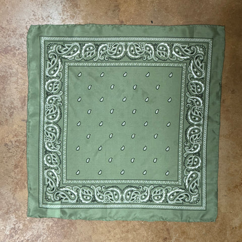 Wyoming Traders wildrag bandana in sage green silk, featuring a paisley print border, soft lightweight fabric, and a hand-rolled hem – SBSA. Available at Blair’s Western Wear, Marble Falls, TX.