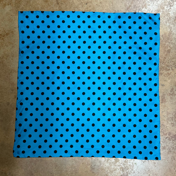 Wyoming Traders Wildrag Polka Dot scarf in aqua with black dots, made from lightweight satin fabric, featuring a classic 34-inch square design and smooth finish - SCAQ. Available at Blair's Western Wear, Marble Falls, TX.