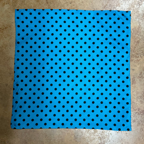 Wyoming Traders Wildrag Polka Dot scarf in aqua with black dots, made from lightweight satin fabric, featuring a classic 34-inch square design and smooth finish - SCAQ. Available at Blair's Western Wear, Marble Falls, TX.