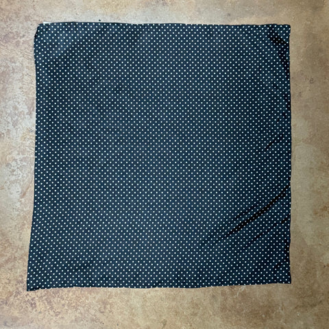 Wyoming Traders silk wildrag scarf in black with white polka dots, crafted from 8 mm silk, with hand-rolled hem for durability – SCB. Available at Blair's Western Wear, Marble Falls, TX.