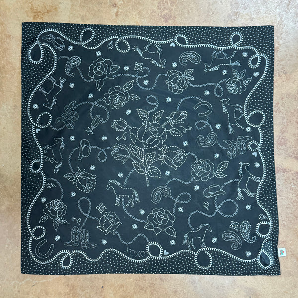 XOXO Wildrag Rope Stitch in black and white, featuring chainstitch western motifs and soft draping fabric, with finished edges for durability - BW Chainstitch. Available at Blair's Western Wear, Marble Falls, TX.