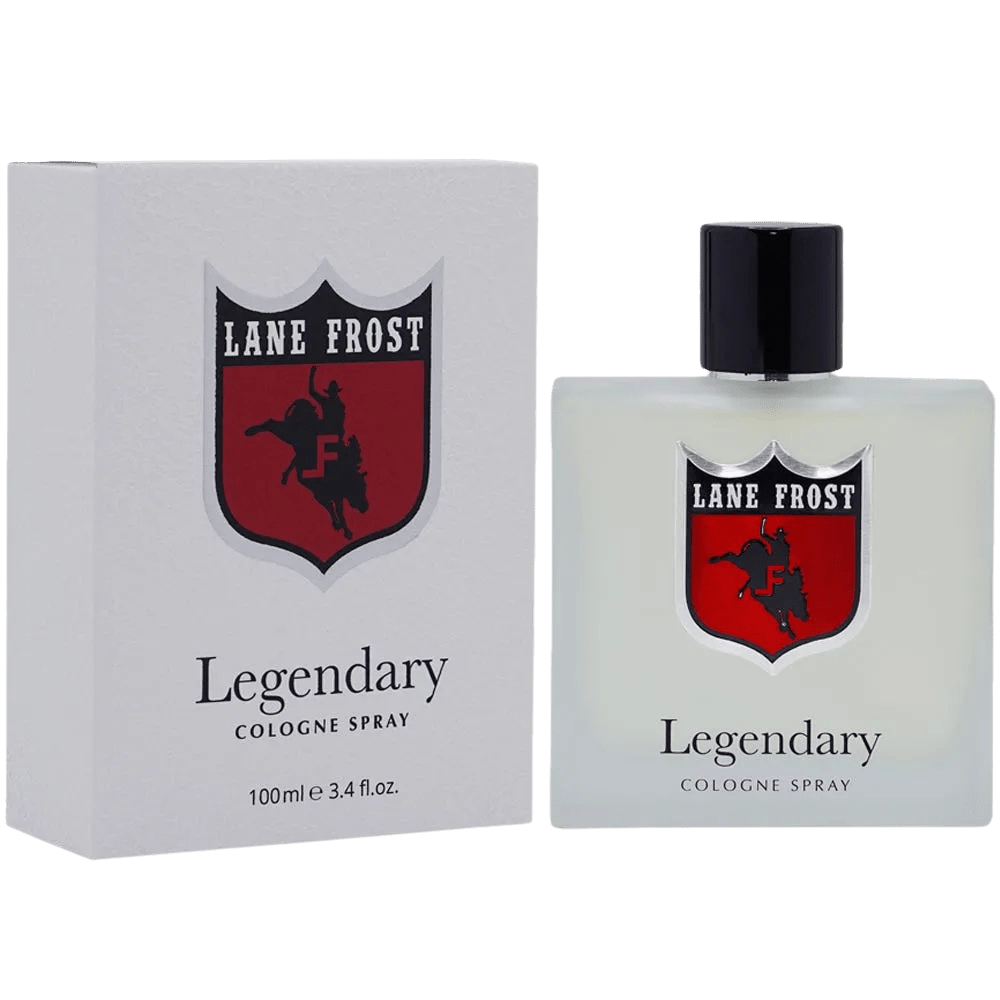 Men's Lane Frost Legendary 3.4 fl oz frosted white cologne bottle with red bull rider shield logo and matching white gift box — Blair's Western Wear Marble Falls TX