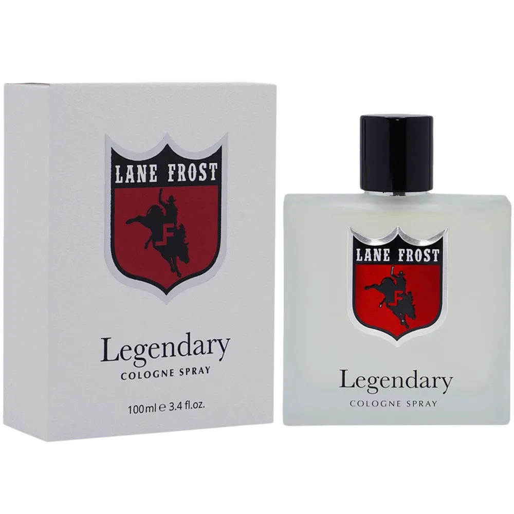 Men's Lane Frost Legendary 3.4 fl oz frosted white cologne bottle with red bull rider shield logo and matching white gift box — Blair's Western Wear Marble Falls TX