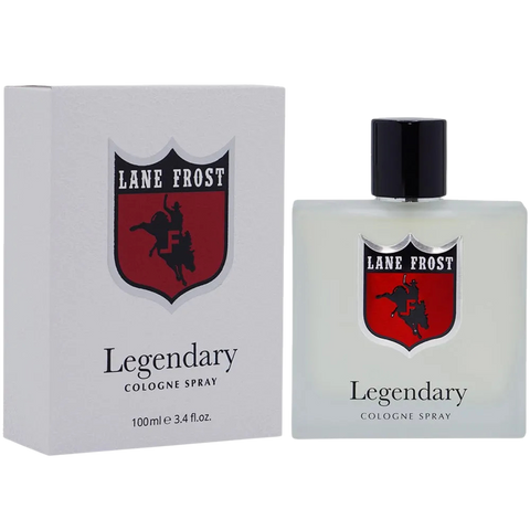 Men's Lane Frost Legendary 3.4 fl oz frosted white cologne bottle with red bull rider shield logo and matching white gift box — Blair's Western Wear Marble Falls TX