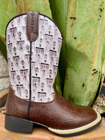 Youth M&F Western Boots in brown and white, featuring Moisture Management Lining and Custom TPR Outsole for durability - 443009905. Available at Blair's Western Wear, Marble Falls, TX.