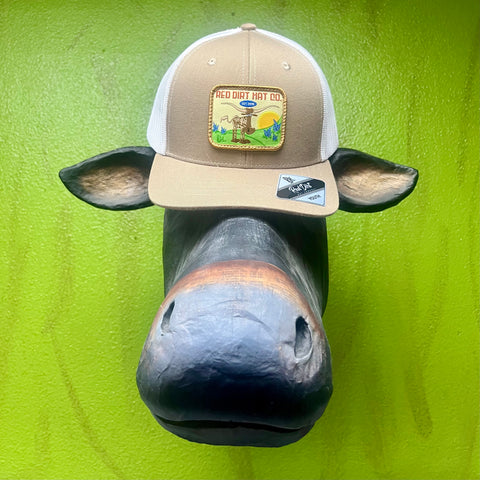 Youth Red Dirt Hat Co. Mesh Cap Longhorn Patch in Tan/White, breathable mesh backing for comfort, with an embroidered longhorn patch front for western flair - RDHCY-40. Available at Blair's Western Wear, Marble Falls, TX.