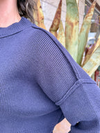 Women's Navy Cropped Ribbed Knit Sweater