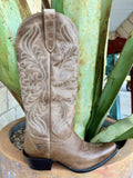 Women's waxed taupe leather Western boot with cream scroll embroidery, a tapered toe, matching pull tab, black dress heel, and black sole — Blair's Western Wear Marble Falls TX