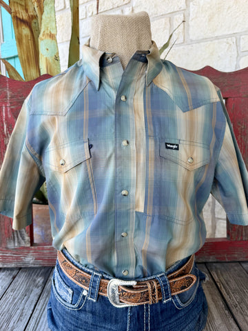 Men's sage tan and blue plaid snap-front short sleeve Western shirt — Blair's Western Wear Marble Falls TX