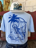 Men's light blue Two Dove Take Us With You short sleeve tee with blue dove on margarita glass palm tree beach back graphic and Take Us With You tagline, back view — Blair's Western Wear Marble Falls TX