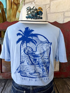 Men's light blue Two Dove Take Us With You short sleeve tee with blue dove on margarita glass palm tree beach back graphic and Take Us With You tagline, back view — Blair's Western Wear Marble Falls TX