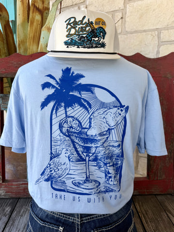 Men's light blue Two Dove Take Us With You short sleeve tee with blue dove on margarita glass palm tree beach back graphic and Take Us With You tagline, back view — Blair's Western Wear Marble Falls TX