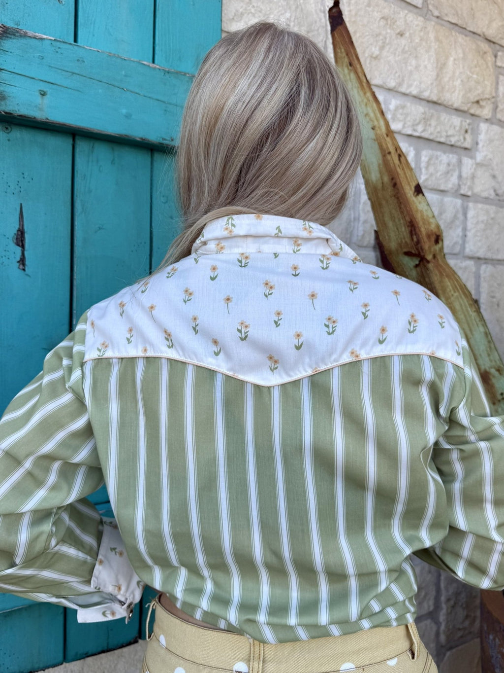 Women's Olive Stripe Retro Snap Shirt with Floral Yoke