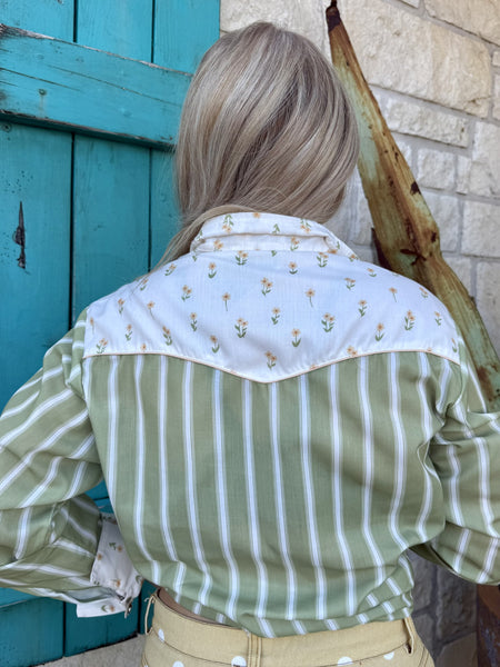 Women's Olive Stripe Retro Snap Shirt with Floral Yoke