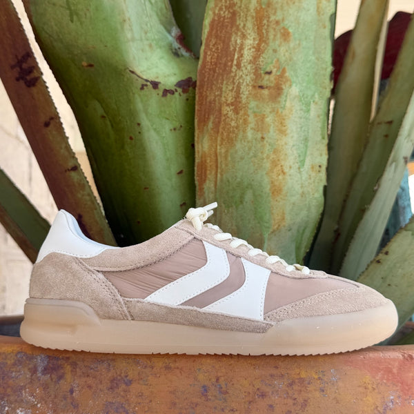 Women's tan suede and nylon Steve Madden Verd retro sneaker with white leather chevron stripe and cream gum sole, side view — Blair's Western Wear Marble Falls TX