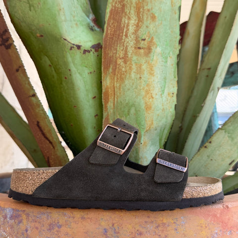 Men's Birkenstock Arizona Mocha suede two-strap sandal with soft cork footbed and adjustable metal pin buckle straps — Blair's Western Wear Marble Falls TX
