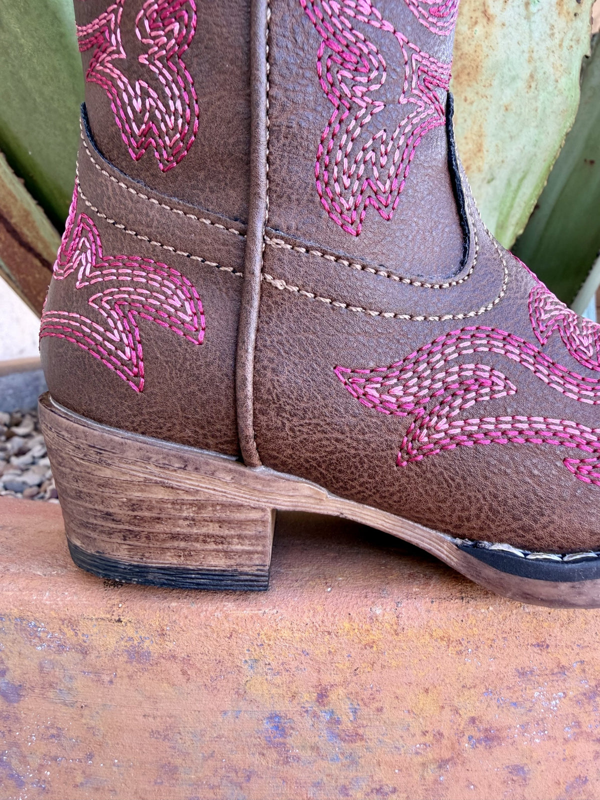 Kids' Brown & Pink Embroidered Western Boots