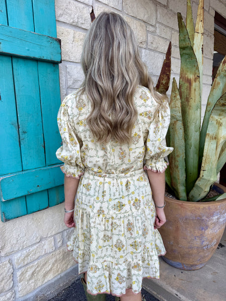 Floral Block Print Ruffle Collar Tiered Mini Dress