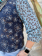 Women's Navy Floral Embroidered Long Sleeve Top