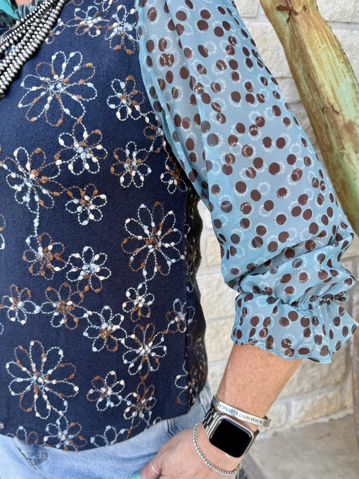 Women's Navy Floral Embroidered Long Sleeve Top