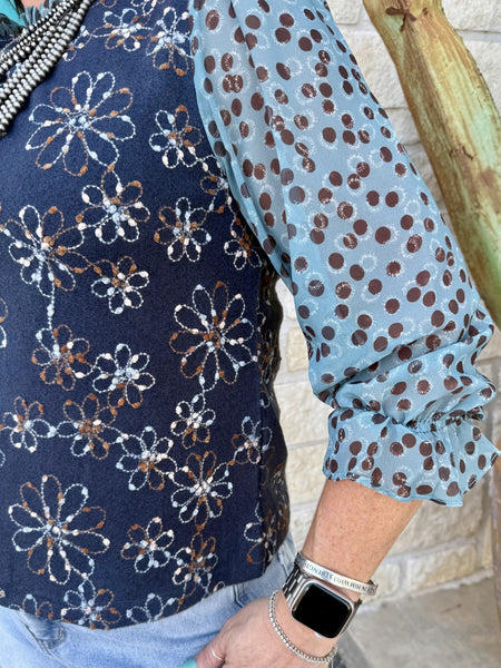 Women's Navy Floral Embroidered Long Sleeve Top
